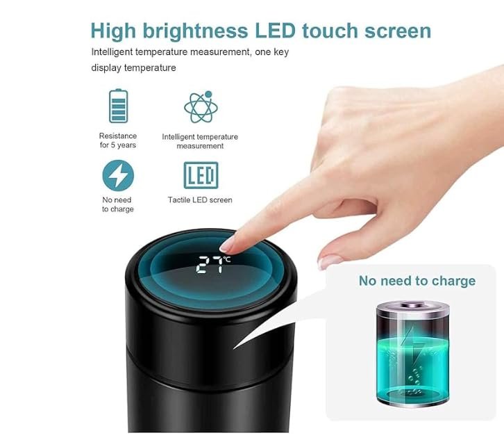 stainless steel sports water bottle with led temperature display,double wall vacuum insulated water bottle, stay hot for 24 hrs,cold for 24 hrs (pure black) 500 ml