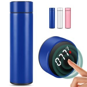 stainless steel sports water bottle with led temperature display,double wall vacuum insulated water bottle, stay hot for 24 hrs,cold for 24 hrs (blue), 500 milliliters