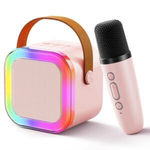 Rechargeable Karaoke Mic with Speaker for Singing Wireless Mini Portable Bluetooth Speaker with Microphone & LED Lights Cute Birthday Gift for Kids Musical Toys for Boys, Girls and Adults Pink